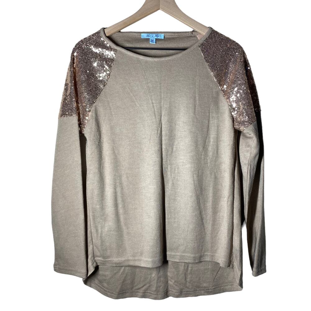 She + Sky Tan Sweater Sequin Shoulder Detail Size Medium Holiday Sparkly NYE